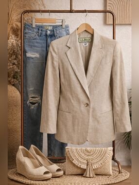 Vtg L.L. Bean Light Tan Single-Button Women's Linen Blazer 6P